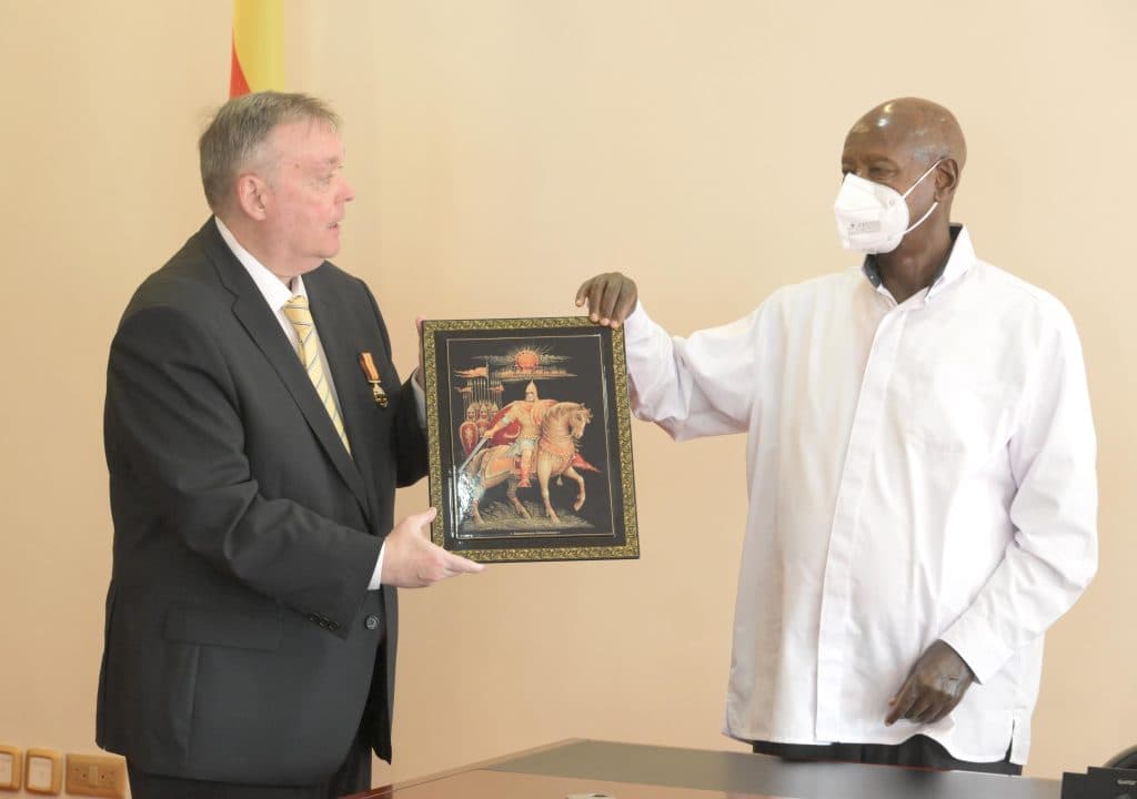 President Museveni Bids Farewell to Amb Vladlen Semivolos at State House Entebbe