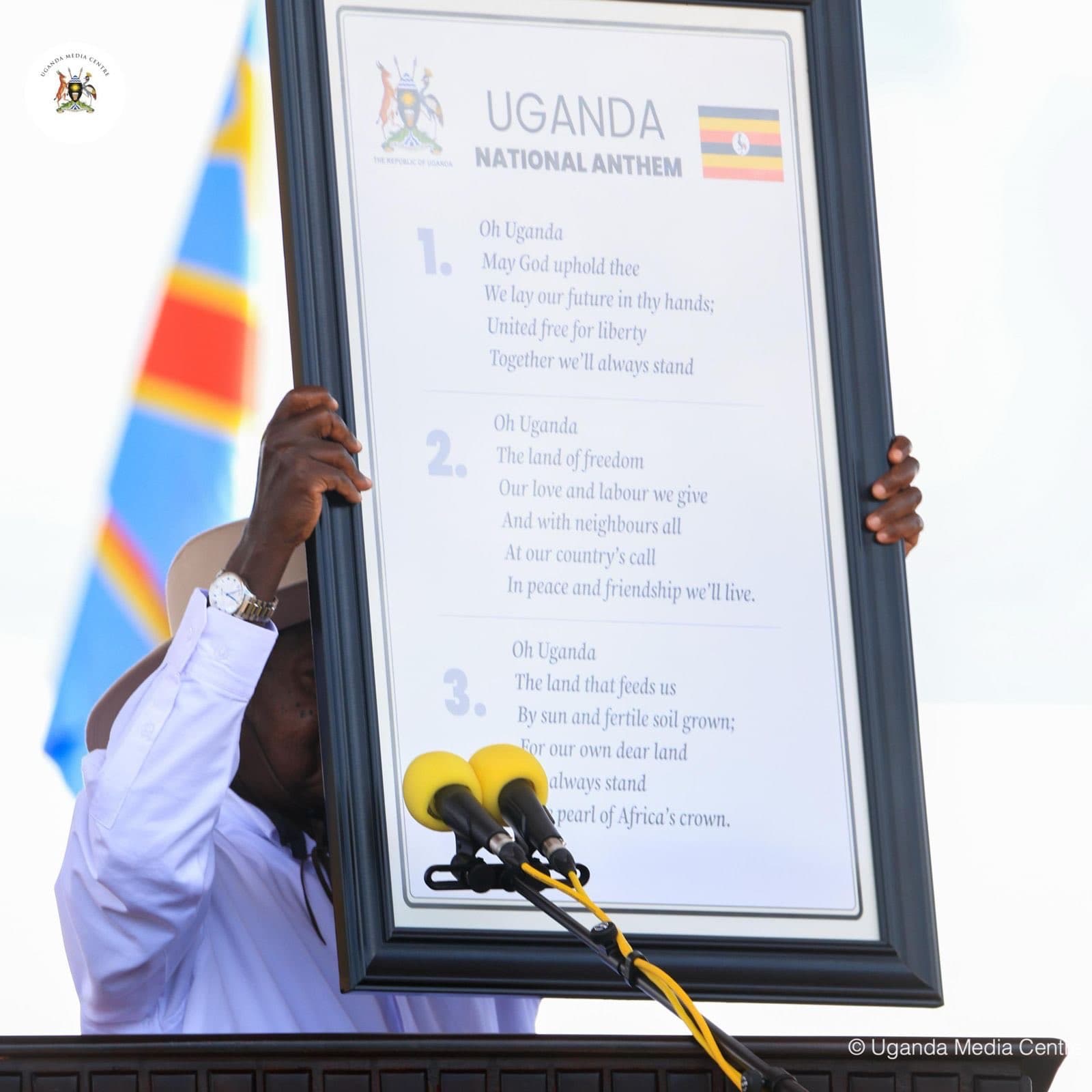 President Yoweri Museveni displaying the Uganda National Anthem after being sworn in for a new five-year term at Kololo Ceremonial Grounds.
