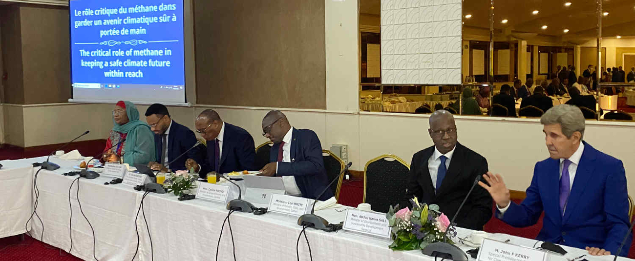 African Development Bank Vice President Kevin Kariuki (3rd from left) and US special presidential envoy for climate John Kerry (right) at the AMCEN event on methane abatement.