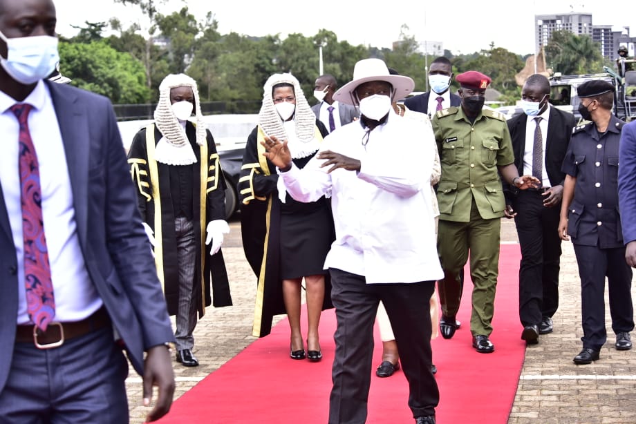 Museveni and First Lady Janet Museveni arrive for the State of the Nation Address 